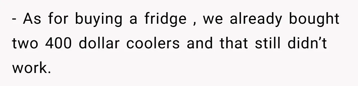 - As for buying a fridge , we already bought two 400 dollar coolers and that still didn’t work.