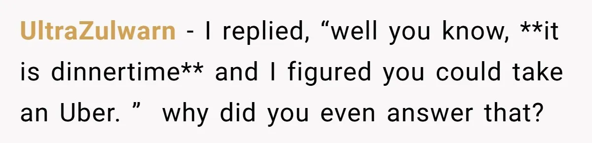 UltraZulwarn − I replied, “well you know, **it is dinnertime** and I figured you could take an Uber. ”  why did you even answer that?