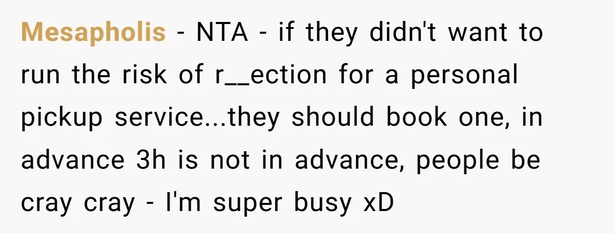 Mesapholis − NTA - if they didn't want to run the risk of r__ection for a personal pickup service...they should book one, in advance 3h is not in advance, people...