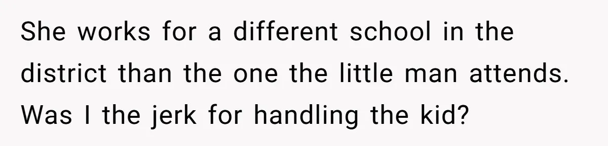 She works for a different school in the district than the one the little man attends. Was I the jerk for handling the kid?