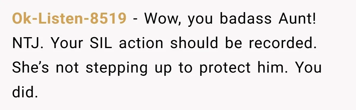 Ok-Listen-8519 − Wow, you badass Aunt! NTJ. Your SIL action should be recorded. She’s not stepping up to protect him. You did.