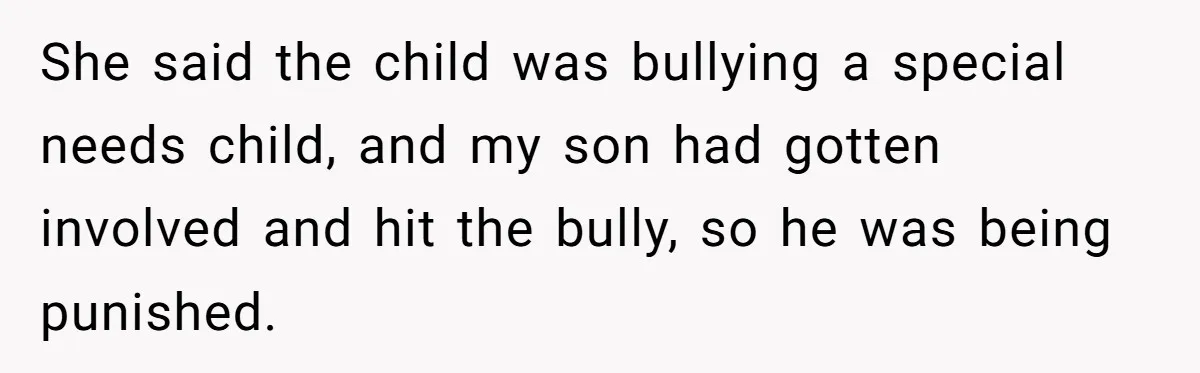 She said the child was bullying a special needs child, and my son had gotten involved and hit the bully, so he was being punished.