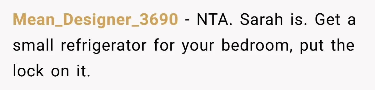 Mean_Designer_3690 − NTA. Sarah is. Get a small refrigerator for your bedroom, put the lock on it.