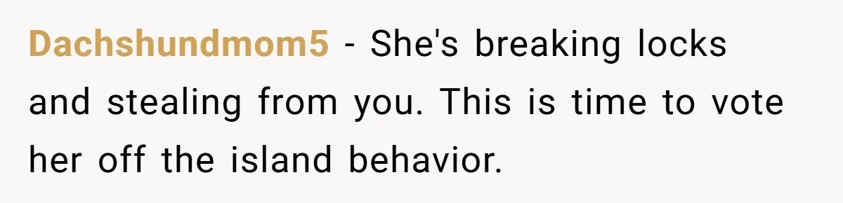 Dachshundmom5 − She's breaking locks and stealing from you. This is time to vote her off the island behavior.