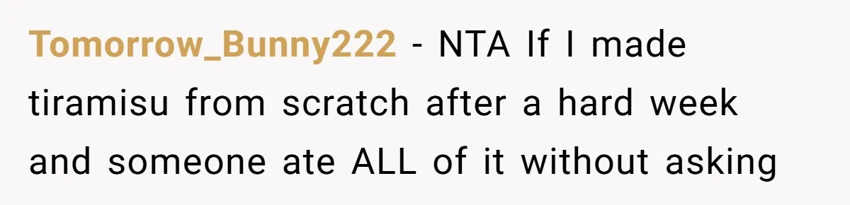 Tomorrow_Bunny222 − NTA If I made tiramisu from scratch after a hard week and someone ate ALL of it without asking