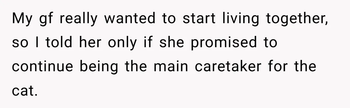 My gf really wanted to start living together, so I told her only if she promised to continue being the main caretaker for the cat.