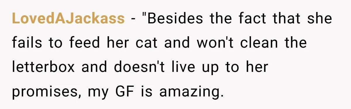 LovedAJackass − "Besides the fact that she fails to feed her cat and won't clean the letterbox and doesn't live up to her promises, my GF is amazing.