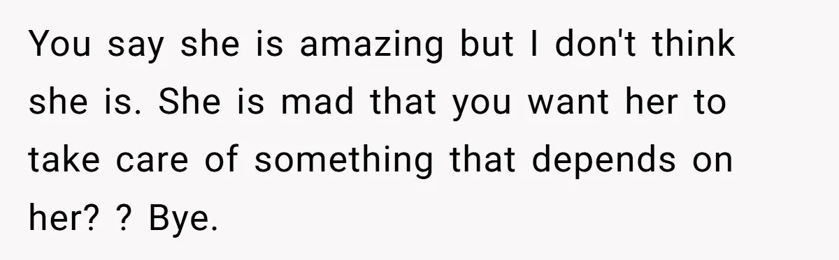 You say she is amazing but I don't think she is. She is mad that you want her to take care of something that depends on her? ? Bye.