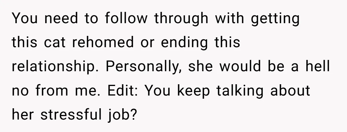 You need to follow through with getting this cat rehomed or ending this relationship. Personally, she would be a hell no from me. Edit: You keep talking about her stressful...