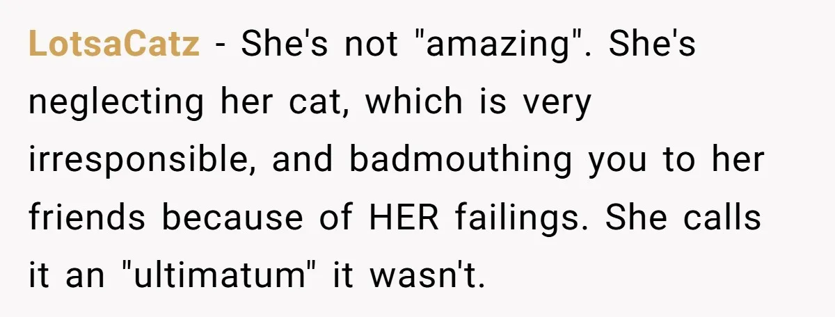 LotsaCatz − She's not "amazing". She's neglecting her cat, which is very irresponsible, and badmouthing you to her friends because of HER failings. She calls it an "ultimatum" it wasn't.