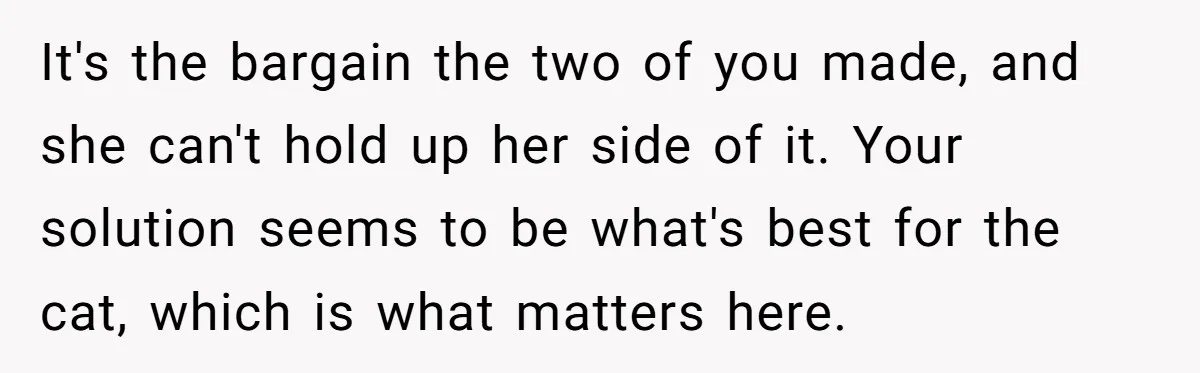It's the bargain the two of you made, and she can't hold up her side of it. Your solution seems to be what's best for the cat, which is what...