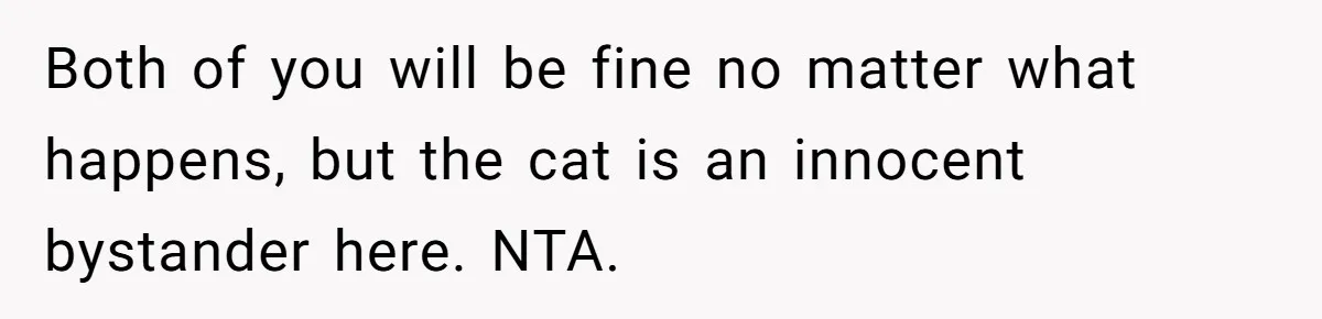 Both of you will be fine no matter what happens, but the cat is an innocent bystander here. NTA.