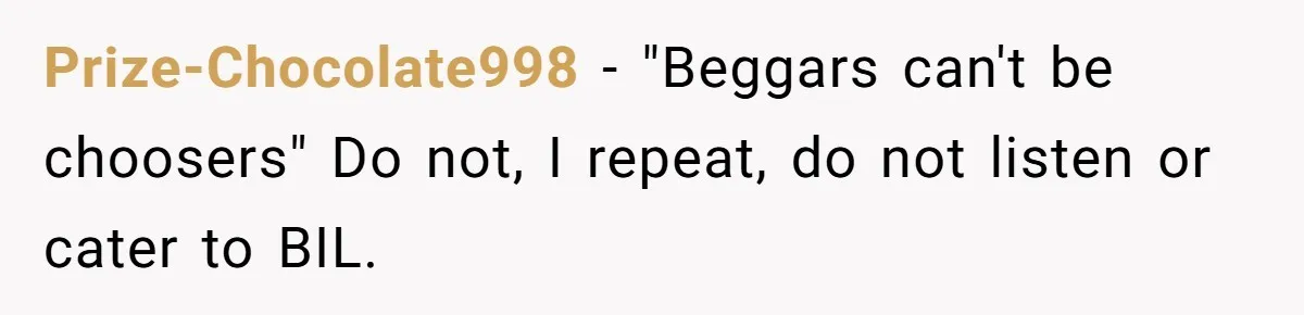Prize-Chocolate998 − "Beggars can't be choosers" Do not, I repeat, do not listen or cater to BIL.