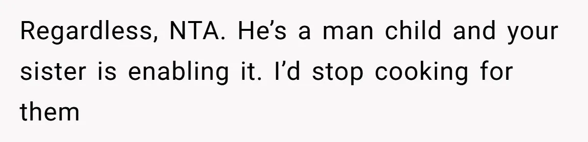 Regardless, NTA. He’s a man child and your sister is enabling it. I’d stop cooking for them