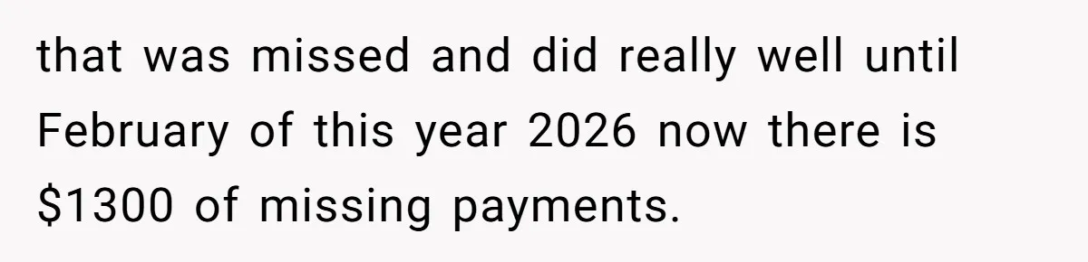 that was missed and did really well until February of this year 2026 now there is $1300 of missing payments.