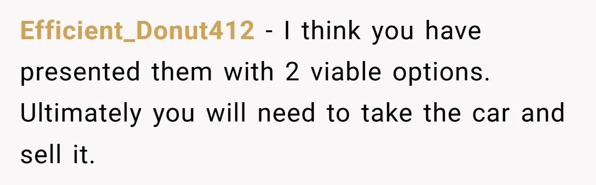Efficient_Donut412 − I think you have presented them with 2 viable options. Ultimately you will need to take the car and sell it.