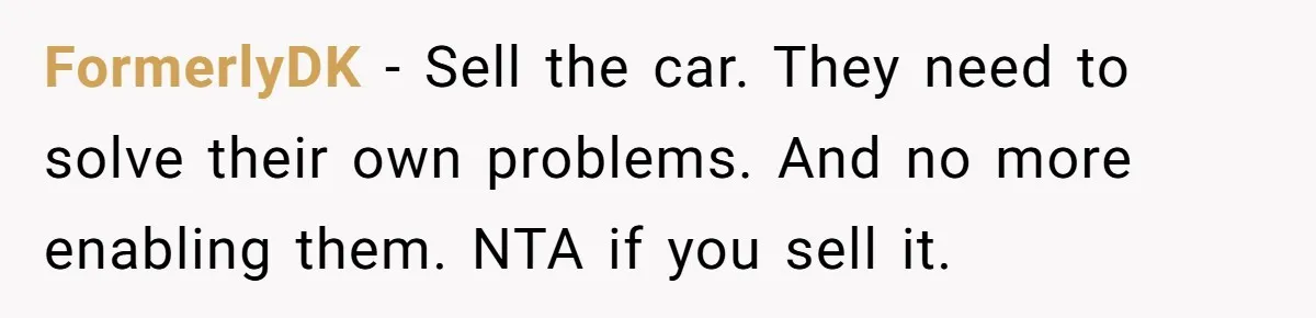 FormerlyDK − Sell the car. They need to solve their own problems. And no more enabling them. NTA if you sell it.