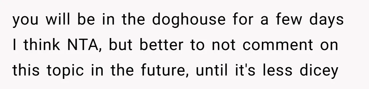 you will be in the doghouse for a few days I think NTA, but better to not comment on this topic in the future, until it's less dicey