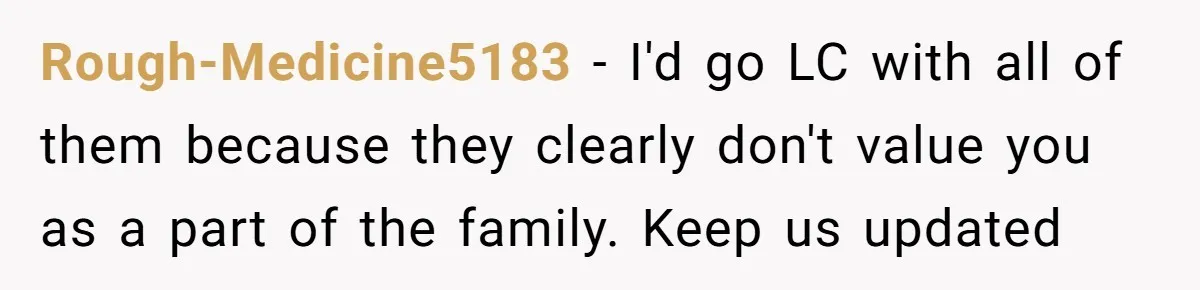 Rough-Medicine5183 − I'd go LC with all of them because they clearly don't value you as a part of the family. Keep us updated