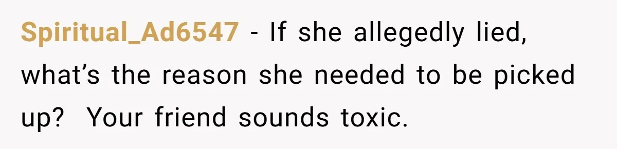 Spiritual_Ad6547 − If she allegedly lied, what’s the reason she needed to be picked up?  Your friend sounds toxic.