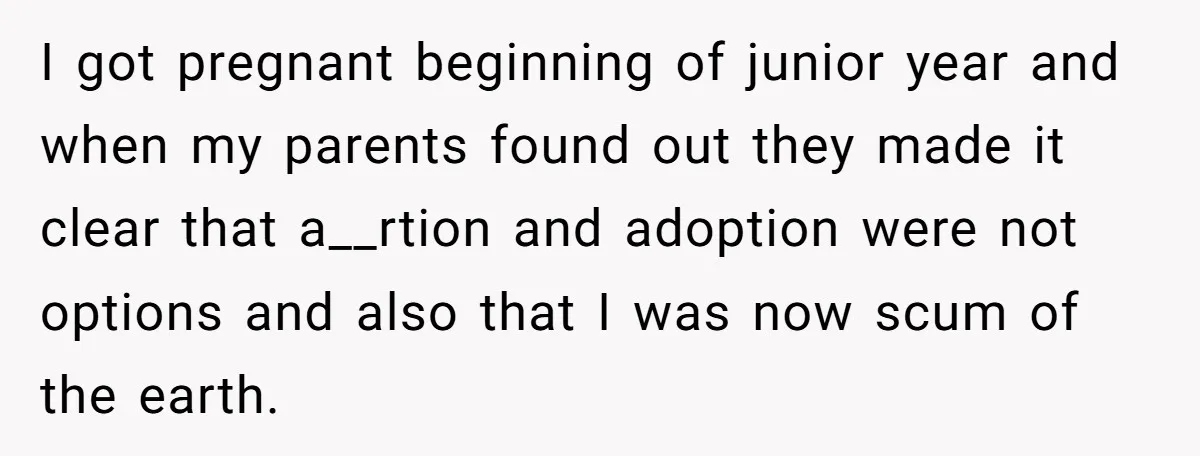 I got pregnant beginning of junior year and when my parents found out they made it clear that a__rtion and adoption were not options and also that I was now...