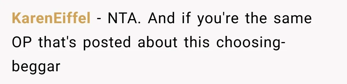 KarenEiffel − NTA. And if you're the same OP that's posted about this choosing-beggar