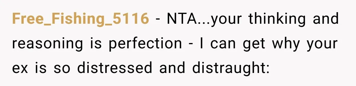 Free_Fishing_5116 − NTA...your thinking and reasoning is perfection - I can get why your ex is so distressed and distraught: