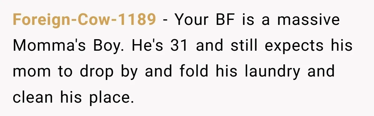 Foreign-Cow-1189 − Your BF is a massive Momma's Boy. He's 31 and still expects his mom to drop by and fold his laundry and clean his place.