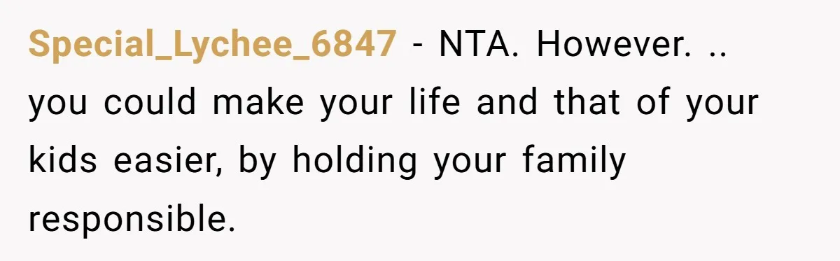 Special_Lychee_6847 − NTA. However. .. you could make your life and that of your kids easier, by holding your family responsible.