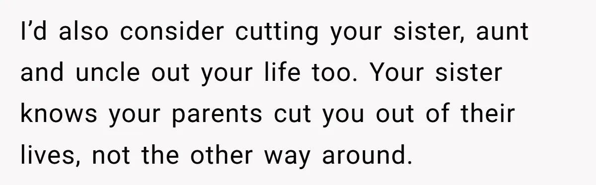 I’d also consider cutting your sister, aunt and uncle out your life too. Your sister knows your parents cut you out of their lives, not the other way around.