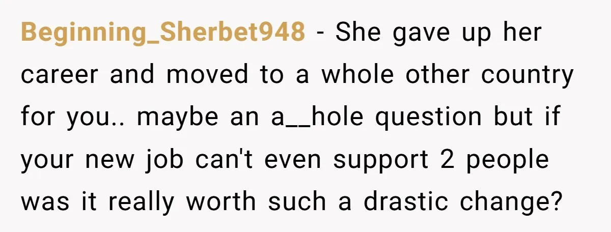 Beginning_Sherbet948 − She gave up her career and moved to a whole other country for you.. maybe an a__hole question but if your new job can't even support 2 people...