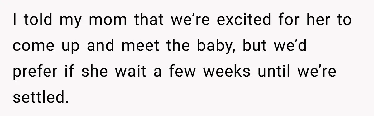 I told my mom that we’re excited for her to come up and meet the baby, but we’d prefer if she wait a few weeks until we’re settled.