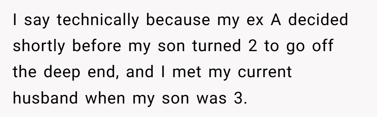 I say technically because my ex A decided shortly before my son turned 2 to go off the deep end, and I met my current husband when my son was...