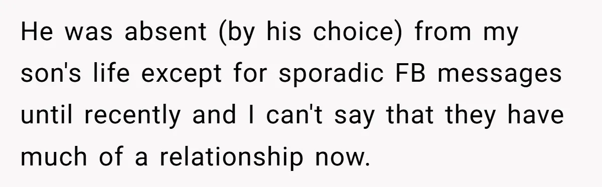 He was absent (by his choice) from my son's life except for sporadic FB messages until recently and I can't say that they have much of a relationship now.
