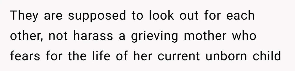 They are supposed to look out for each other, not harass a grieving mother who fears for the life of her current unborn child
