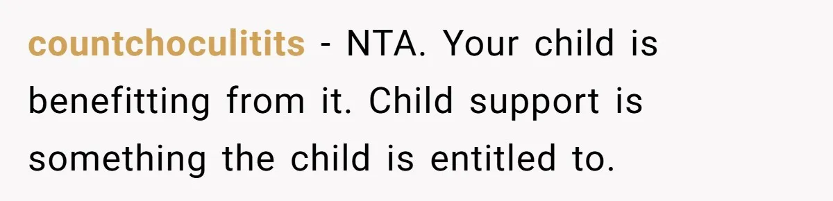 countchoculitits − NTA. Your child is benefitting from it. Child support is something the child is entitled to.