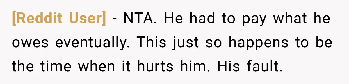 [Reddit User] − NTA. He had to pay what he owes eventually. This just so happens to be the time when it hurts him. His fault.