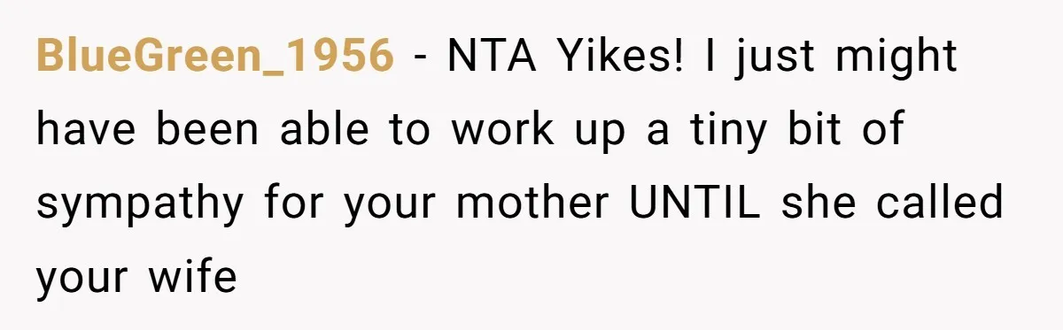 BlueGreen_1956 − NTA Yikes! I just might have been able to work up a tiny bit of sympathy for your mother UNTIL she called your wife