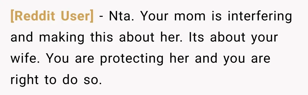 [Reddit User] − Nta. Your mom is interfering and making this about her. Its about your wife. You are protecting her and you are right to do so.