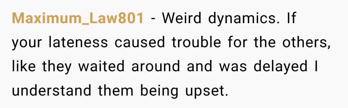 Maximum_Law801 − Weird dynamics. If your lateness caused trouble for the others, like they waited around and was delayed I understand them being upset.