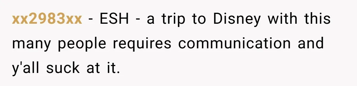 xx2983xx − ESH - a trip to Disney with this many people requires communication and y'all suck at it.