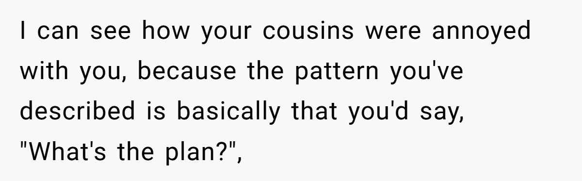 I can see how your cousins were annoyed with you, because the pattern you've described is basically that you'd say, "What's the plan?",