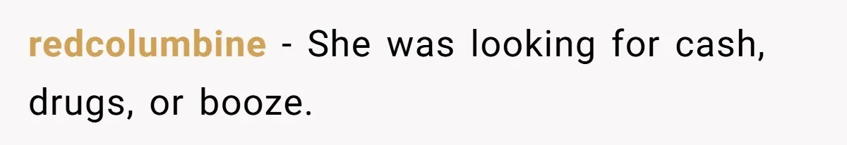 redcolumbine − She was looking for cash, drugs, or booze.
