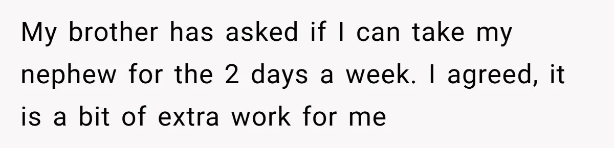 My brother has asked if I can take my nephew for the 2 days a week. I agreed, it is a bit of extra work for me