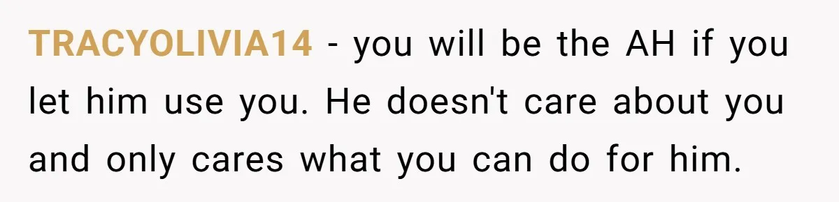TRACYOLIVIA14 − you will be the AH if you let him use you. He doesn't care about you and only cares what you can do for him.