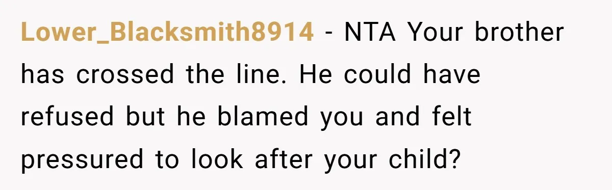 Lower_Blacksmith8914 − NTA Your brother has crossed the line. He could have refused but he blamed you and felt pressured to look after your child?