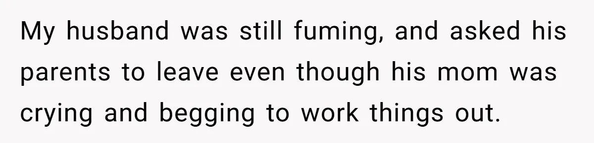 My husband was still fuming, and asked his parents to leave even though his mom was crying and begging to work things out.