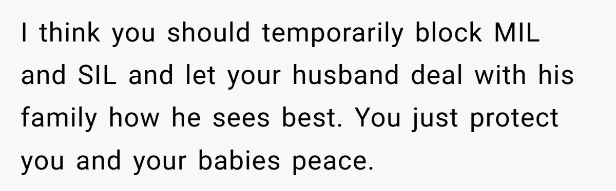 I think you should temporarily block MIL and SIL and let your husband deal with his family how he sees best. You just protect you and your babies peace.