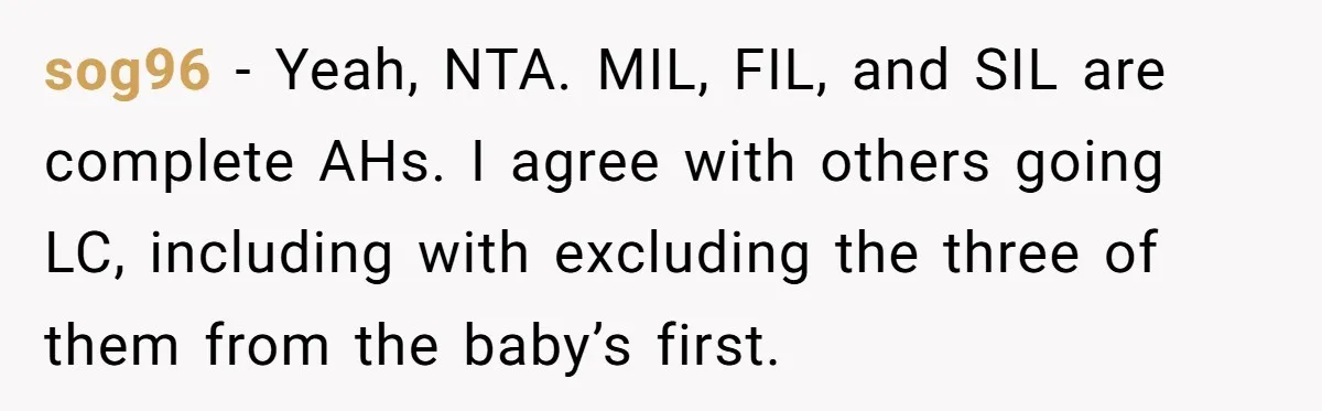 sog96 − Yeah, NTA. MIL, FIL, and SIL are complete AHs. I agree with others going LC, including with excluding the three of them from the baby’s first.
