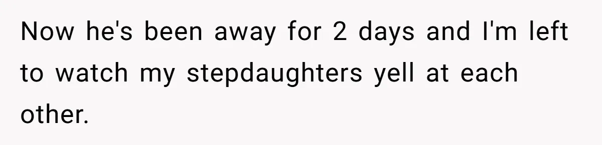 Now he's been away for 2 days and I'm left to watch my stepdaughters yell at each other.
